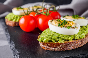 tasty and nutritious avocado sandwich and boiled egg