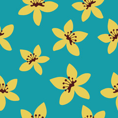 Vector pattern illustration with beautiful yellow lily flower on green color background.