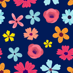 Vector beautiful seamless pattern with different flower on dark background. Chamomile, poppy and wildflowers.