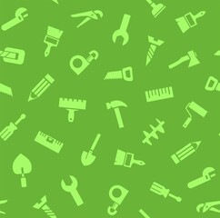 Hand tools, construction, seamless pattern, color, green. Green icons on a green field. Colored flat background. Vector.  