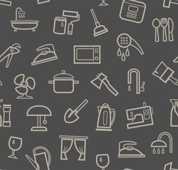 Household goods and appliances, seamless pattern, color, gray. Gray icons on a gray field. Thin outline. Vector.  