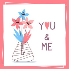 Vector romantic illustration of beautiful flower in vase with text on white color background in frame.