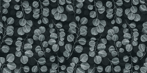 Panele Szklane  Botanical seamless pattern with vintage graphic silver dollar eucalyptus leaves. Hand-drawn illustrartion. Dark background. Good for production wallpapers, cloth and fabric printing.