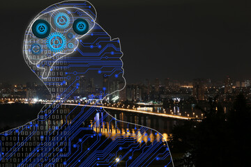 Illustrated man with virtual brain and night cityscape on background. Machine learning concept