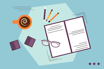 Vector illustration of a workplace with glasses, papers, notes,pens and a cup of coffee. The view from the top.