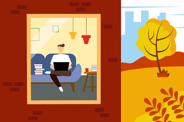 Man working with a computer from home. Illustration of half a house and a street. Autumn  illustration in flat style.
