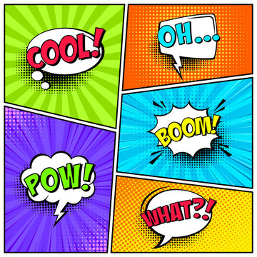 Cartoon comic backgrounds set. Speech bubble. Comics book colorful poster with halftone elements and text. Vector illustration.