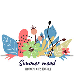 Vector romantic illustration of beautiful floral color composition with blossom flower and leaf on white background with text space.