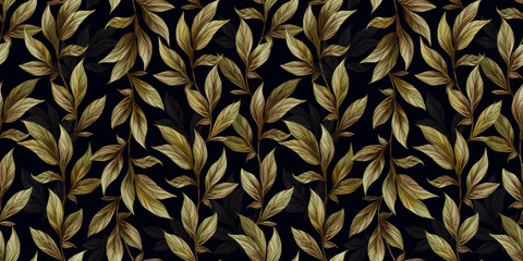 Botanical seamless pattern with vintage graphic dark golden peony leaves. Hand-drawn illustration. Good for production wallpapers, cloth and fabric printing.