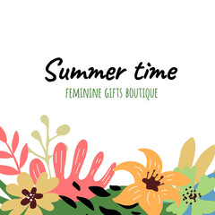 Vector flower illustration with beautiful blossom floral composition with leaf on white color background with text space.