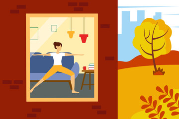 Woman doing yoga at home. Illustration of half a house and a street. Vector illustration in flat style.