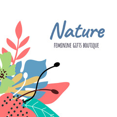 Beautiful blossom floral composition with leaf. Vector flower illustration with text on white color background.