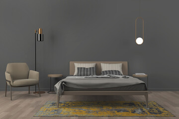 Luxury, confortable and cozy home bedroom interior with unmade velvet beige bed, light and dark grey cushions on empty grey wall background. Wood floor. 3D rendering.