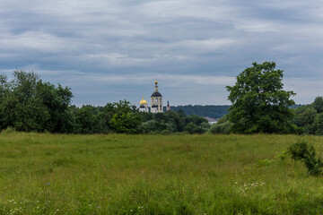 Domes with crosses and a bell tower rise above the forest. View from the field. Panfutyevsky Monastery in Borovsk, Russia.