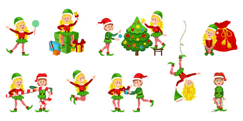 Christmas elfs kids vector children Santa Claus helpers cartoon elfish girls. Girl elves with green costume holding gifts and playing