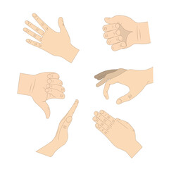 Gesturing hands. Hand with counting gestures, forefinger sign. Set of hands showing different gestures. Palm pointing at something. 