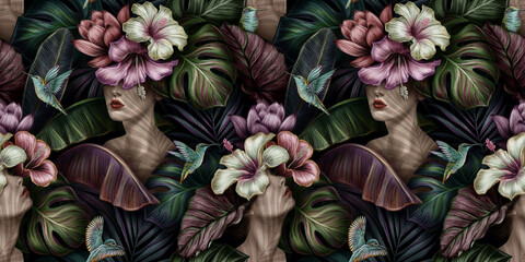 Tropical exotic seamless pattern with woman, monstera, hibiscuc, bromeliad, banana leaves, palm, colocasia. Hand-drawn 3D illustration. Good for production wallpapers, cloth and fabric printing.  - 380650347