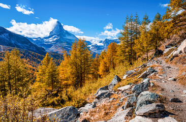 Breathtaking autumn scenery of famous alp peak Matterhorn. Swiss Alps, Valais, Switzerland