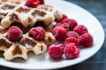 Sweet Homemade Berry Belgian Waffle with chocolate syrup and sugar powder