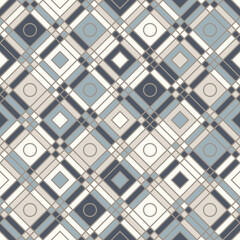 Diamond shapes, crossing lines and cirlces, abstract geometric background. Seamless vector fashion pattern.