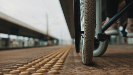 Low angle, close up of the wheels of the wheelchair on the train station. High quality photo
