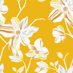 Fototapeta na wymiar Magnolia vector seamless pattern. Repetition floral print, plant design. Perfect for wrapping paper, backgrounds, headers, banners, cloth , fabrics, digital paper