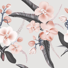 Nature orchids and leaves seamless background design. Beauty tender flower print in grey pink colors. Wild garden floral design. Vector