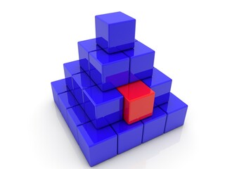 Pyramid of blue toy blocks with a red block extended