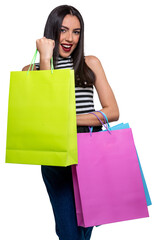 Smiling woman holding shopping bags, isolated on a white background