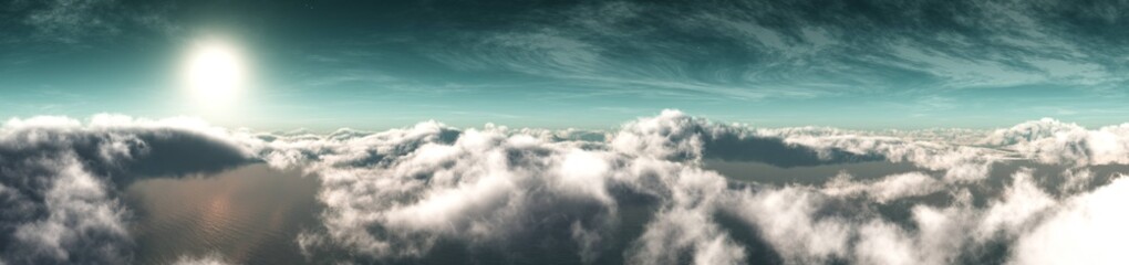 Obraz premium Sunrise over the clouds, cloudy landscape, flight over the clouds, banner, 3d rendering