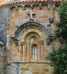 View of the exterior of the apse of the Romanic Church of Santa Maria de Bareyo, Bareyo, Bareyo Municipality, Cantabria, Cantabrian Sea, Spain, Europe