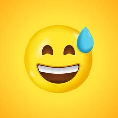 Smiling emoticon with open mouth and cold sweat. Big smile in 3D. Vector illustration.