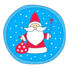 Santa Claus with a sack of Christmas gifts and a magic staff against a blue sky background with snowflakes. New Year or Christmas decor in the form of a round sticker or a cute Christmas tree toy