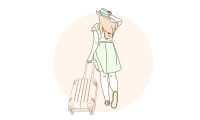 Young woman luggage green suitcase, travel concept, Simple flat illustration