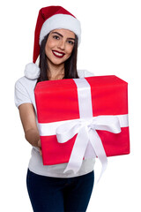 Santa Claus woman holding a gift, isolated on white background