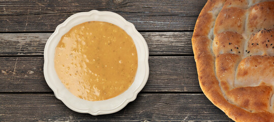 top view turkish food, ezogelin soup. Isolated white background
