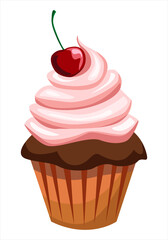 Sweet cupcake are decorated with cherry. Vector illustration on white background