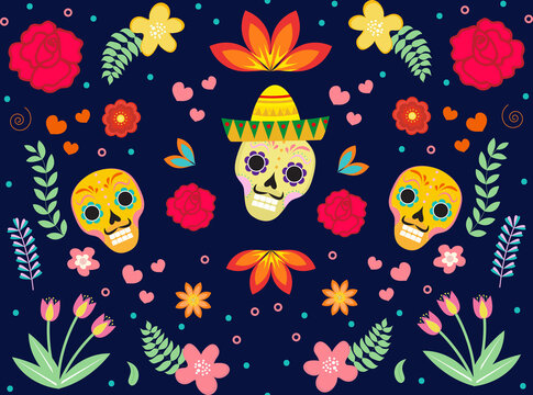 Day of the Dead Mexican seamless pattern. Dia de los muertos repeating texture. sugar skull, skeleton, flowers endless background. Vector illustration