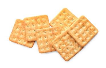 Delicious crispy crackers isolated on white, top view