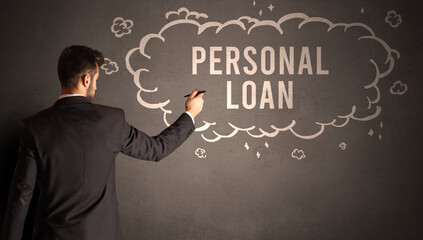 businessman drawing a cloud with PERSONAL LOAN inscription inside, modern business concept