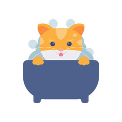 illustration of a cute cat bathing in a bathtub or basin. the concept of caring for animals, maintaining cleanliness and health. flat design. can be used for elements, landing pages, UI, website