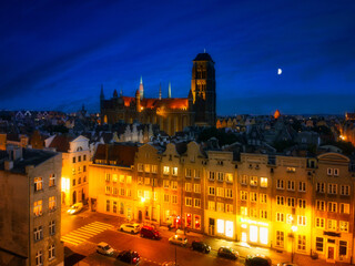 Fototapeta na wymiar Aerial view of the St. Mary's Basilica in Gdansk at night, Poland