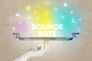 Waiter serving social networking with BOUNCE RATE inscription, new media concept