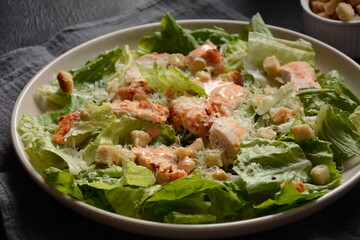 Caesar Salad with grilled chicken, Cheese and Croutons with lettuce, on plate.  Grilled chicken breasts and fresh vegetables in plate. 