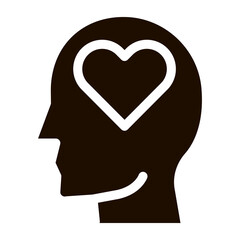 Heart Love Symbol In Man Silhouette Mind glyph icon . Cube And Brain, Puzzle And Shield, Padlock And Magnifier Pictogram. Black And White Template Contour Illustration