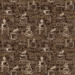 Coffee mug and cup with lettering background abstract vintage vector seamless pattern