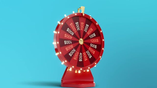 Rotating red wheel of luck or fortune. Won a thousand dollars. Gambling, lottery. Wheel of fortune with alpha channel. 3840x2160, 4K 3D animation