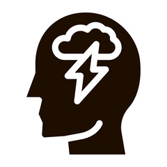 Raining Lightning Cloud In Silhouette Mind glyph icon . Gear And Brain, Heart And Shield, Padlock And Magnifier Pictogram. Black And White Template Contour Illustration
