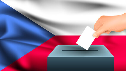 Male hand puts down a white sheet of paper with a mark as a symbol of a ballot paper against the background of the Czech Republic flag. Czech Republic the symbol of elections