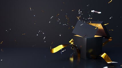 Black gift box with gold bow opens with an explosion of confetti to reveal a blank card. Dark and exclusive look